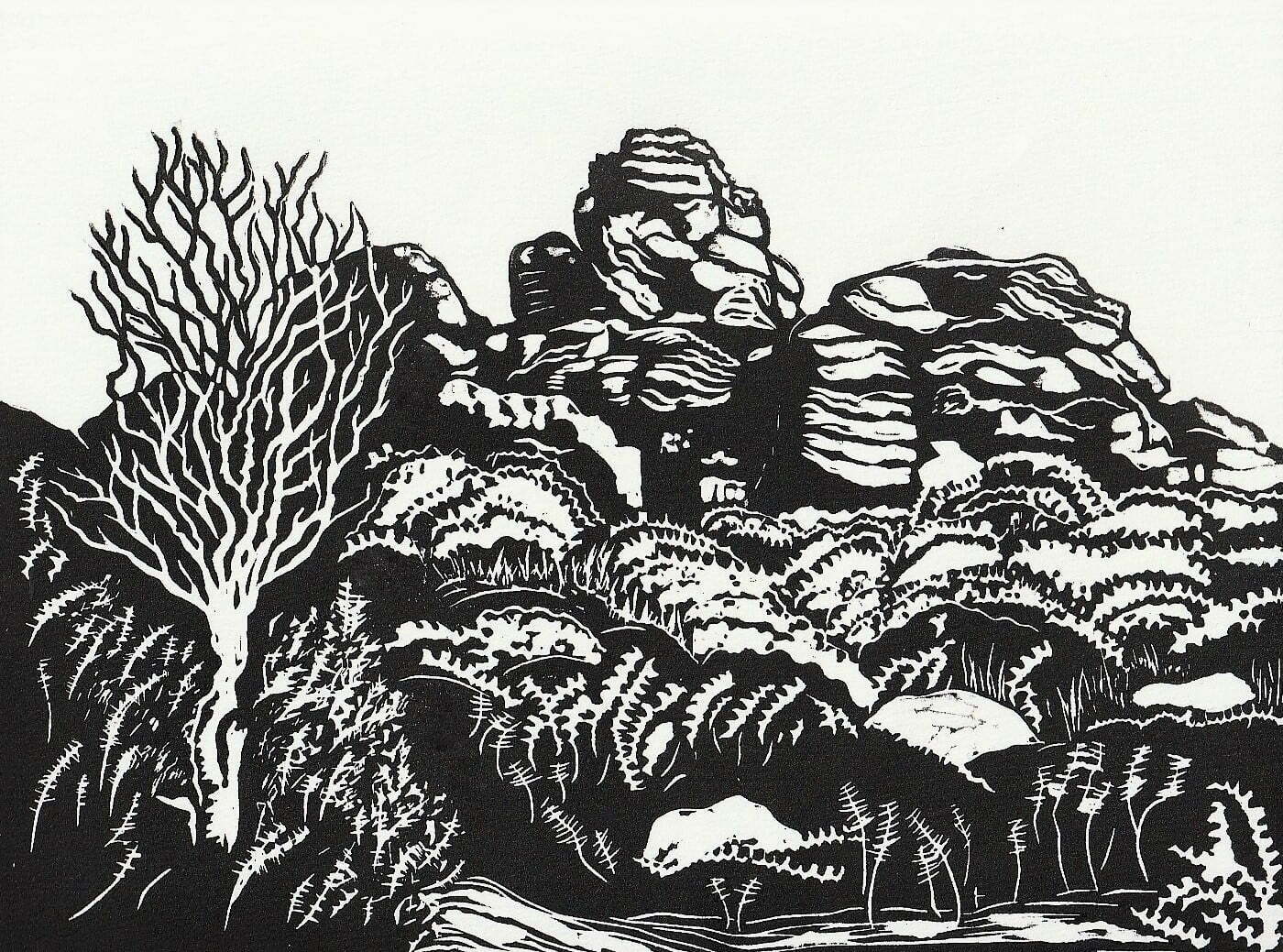BETWEEN A ROCK AND A HARD PLACE. LINOCUT ORIGINAL PRINT BY VIV STYLES