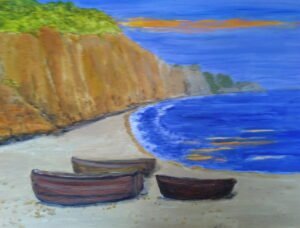 colourful painting Sidmputh beach, cliffs boats