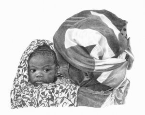 A finely detailed pencil drawing of a Black mother and baby, from Bolgatanga, Africa. She is stood with her back to us, carrying her child. She is wearing a scarf with a bold pattern wrapped around her head. Her baby is wrapped in a cloth with a small foliage print. The baby is facing the viewer, head over her shoulder. We can see the wrinkles from the mother smiling broadly at her child, contrasted with the baby having a serious expression on its face. A portrait by Tamsin Dearing the Artist, in Cornwall.