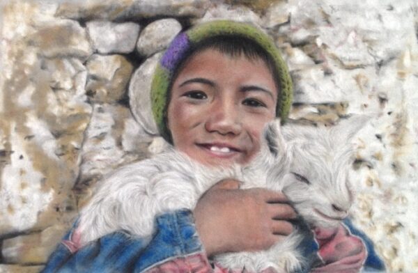 A realistic fine art pastel portrait of a young Tibetan boy holding a goat kid in his arms. The boy is looking at the viewer and smiling. He is wearing a green knitted hat and a blue and red jacket. The goat is white, and it’s mouth is forming a smile, it’s eyes closed, looking relaxed. Pastel painting byy Tamsin Dearing the Artist in Cornwall.